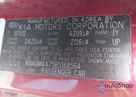 2011 Kia Optima Lx from USA, damaged, VIN KNAGM4A75B5168564